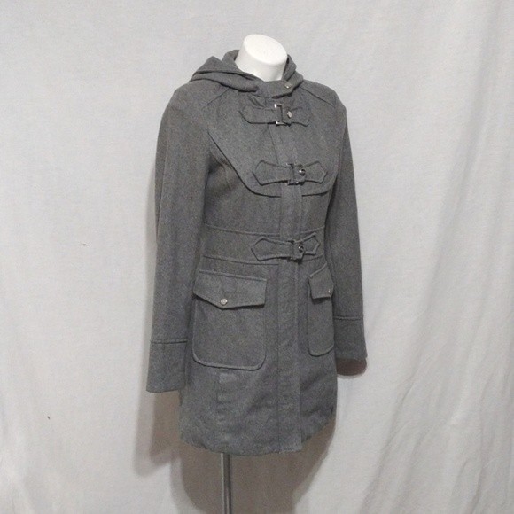 Steve Madden Wool Blend Zipped up Gray Trench Coat With Hoodie Small - Picture 6 of 10
